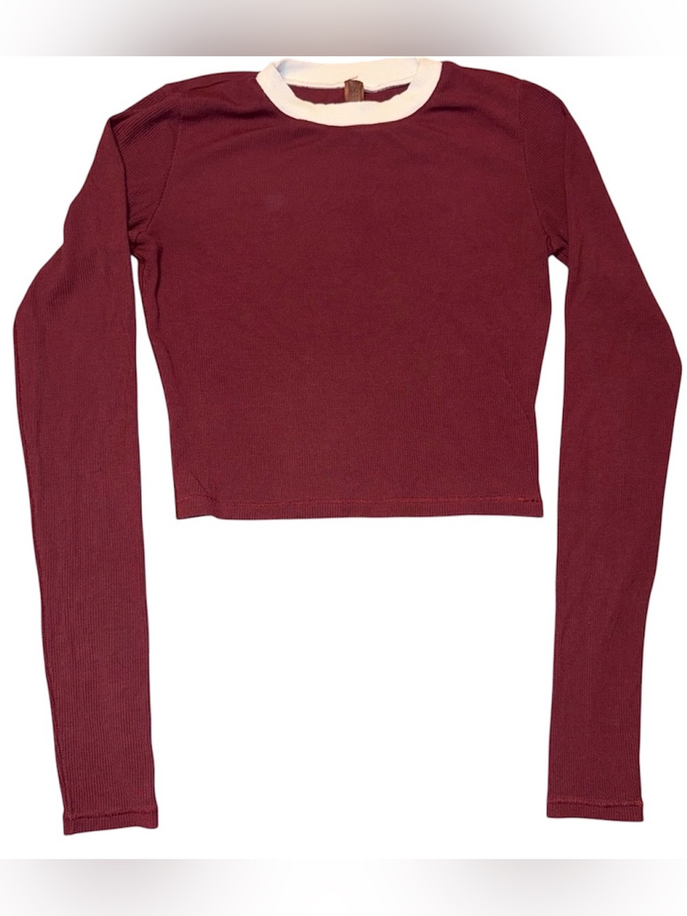 Skims Maroon Red Ringer Long Sleeve Crop Top, Ribbed Material